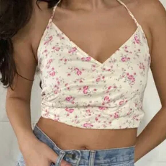 Zara Halter Floral Shirt Wrap Front Tie Back Crop Top Size M - Picture 2 of 10